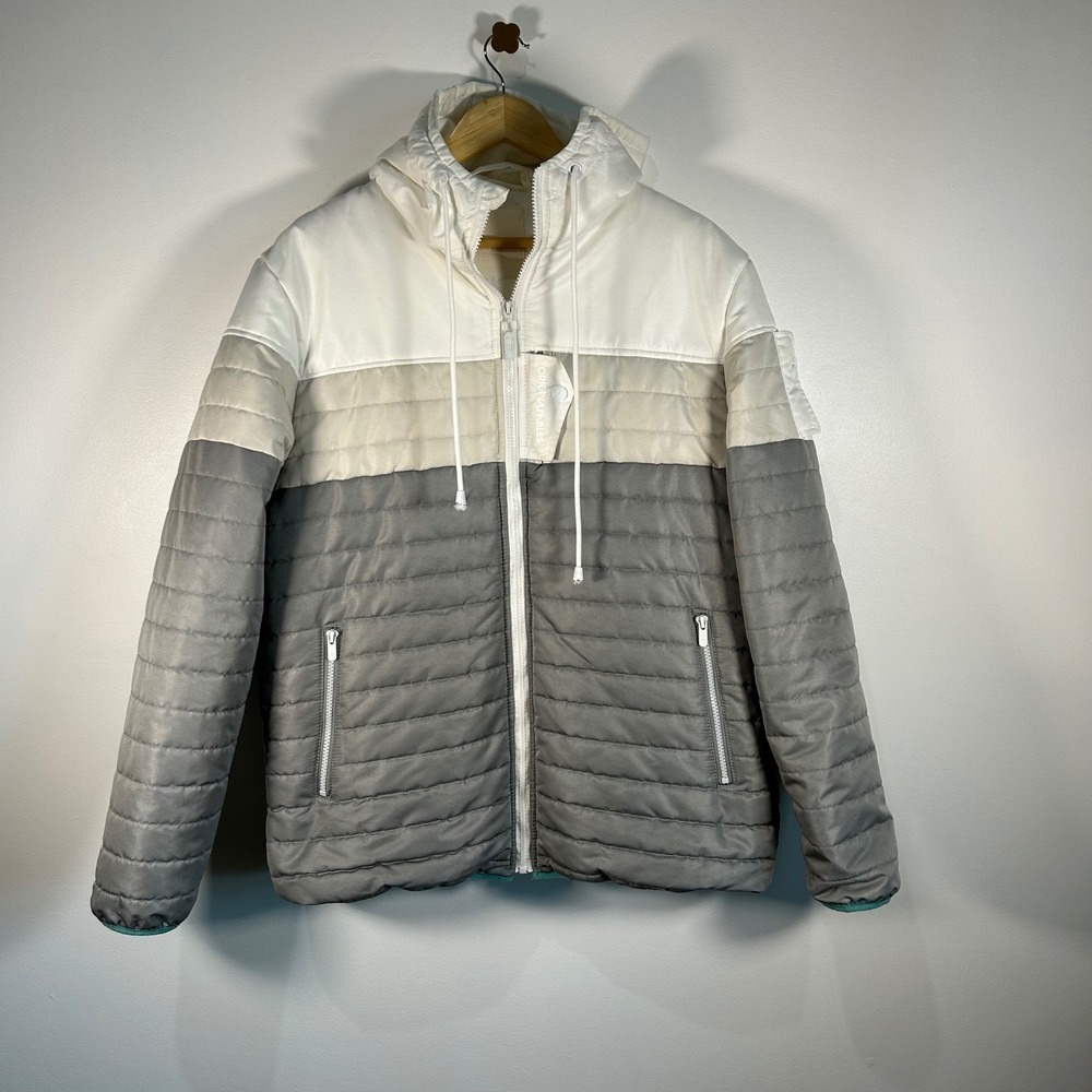 Original Fables Colorblock Puffer Jacket Hooded Full Zip XLarge Gray‎ White